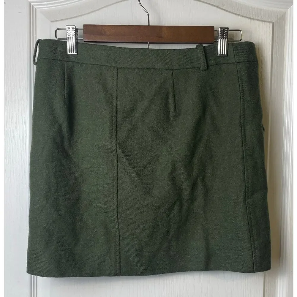 J. Crew Military Green 100% Wool Moto Miniskirt Gold-toned Hardware Size 6